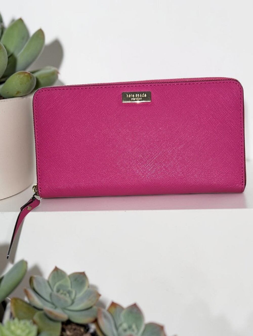 Kate Spade New York Fuchsia Saffiano Leather Zip Around Continental Wallet NWOT